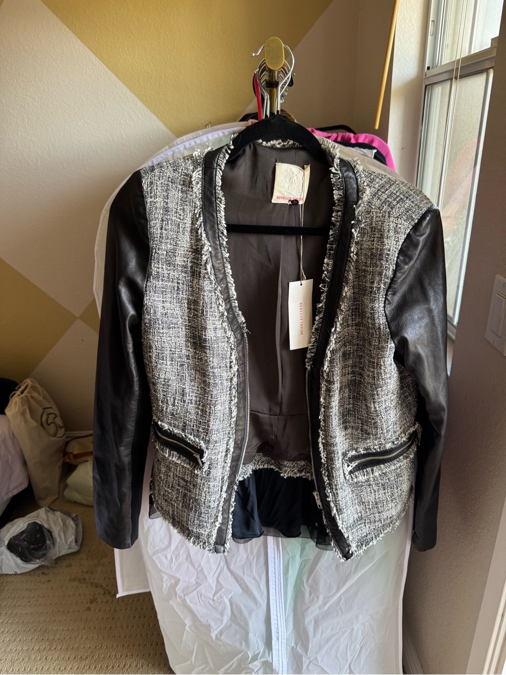 NWT Rebecca Taylor Black and White Tweed Jacket with Black Lamb Leather Sleeves